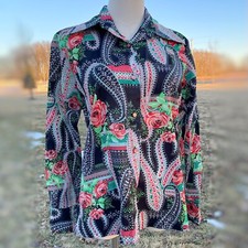Vintage 70 s Paisley Rose Pattern Groovy Dagger Collar Disco Button Down Blouse