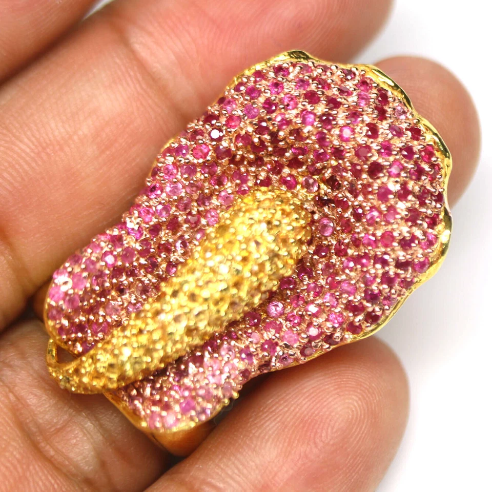 Anillo Joyería Flor Zafiro Amarillo Rosa Piedras Preciosas Plata 925 Oro 18K Talla 6.75 Foto 2 de 4