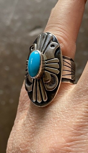 Thunderbird Sterling Sleeping Beauty Navajo Ring by Marita Benally size 7 3/4 - Picture 4 of 12