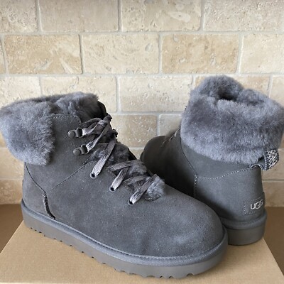 UGG CHARCOAL GREY CLASSIC MINI ALPINE LACE SUEDE SHEEPSKIN BOOTS SIZE  WOMEN