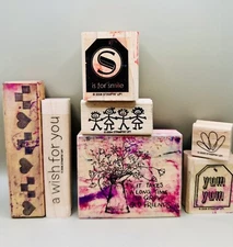 Mixed Lot of Rubber Stamps on Wood 7 STAMPS 2 Older, 5 Recent Friend, Smile Used