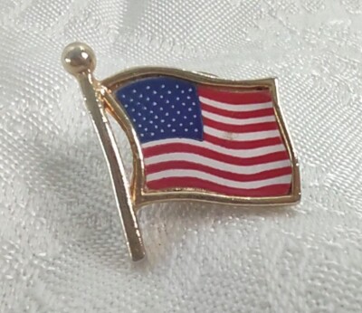 Flying American Flag Gold Tone Pin Back Lapel Pin Tie Tack Pole Patriotic 