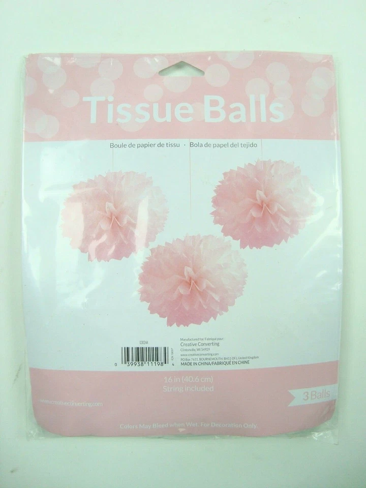 Classic Pink Tissue Paper Balls 16" Party Decor - 3 Pack - New - Image 2 of 2