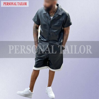 MEN'S SUMMER IN MIAMI REAL LAMBSKIN BLACK LEATHER SHIRT AND SHORTS SET WALK 