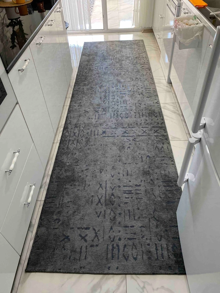 Alfombra de chenilla gris antracita con estampado escandinavo, alfombra a base de algodón Foto 3 de 4