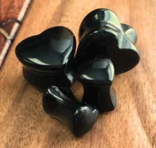 PAIR Heart Shaped Black Onyx Stone Plugs Gauges Earlets Tunnels 2g thru 5/8"