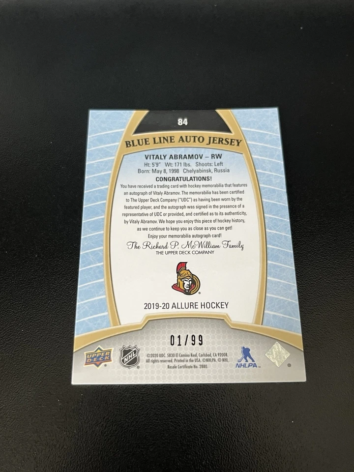 2019-20 Upper Deck Allure - Vitalii Abramov #84 Blue Line Auto Jerseys /99 (RPA) - Image 2 of 2