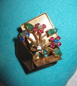 Flower Brooch Emerald Sapphire Ruby 14K Retro Hollywood Regency Art Deco Rare