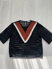 Sandro Black Crochet Chevron Top with Orange and White Accents size S