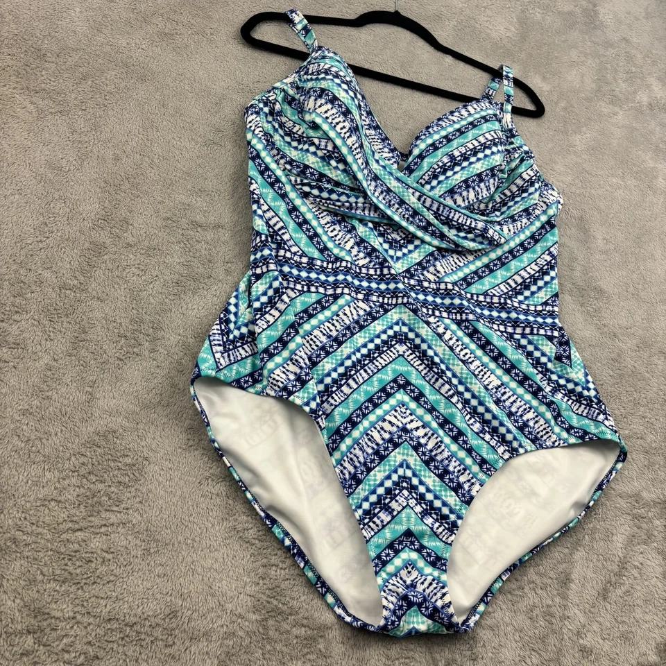 Lands' End One Piece Swimsuit Womens 18L Blue Green Geometric Print Built In Bra - Image 2 of 4