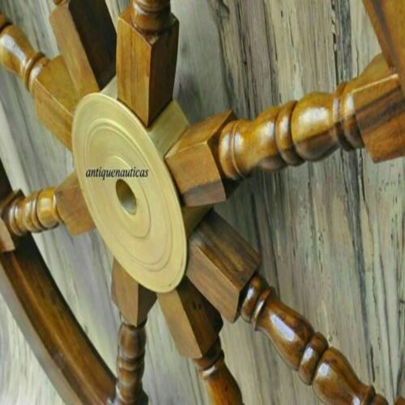 36 Inch Big Ship Steering Wheel Wooden Antique Teak Brass Nautical Pirate Ship's - Image 2 of 4