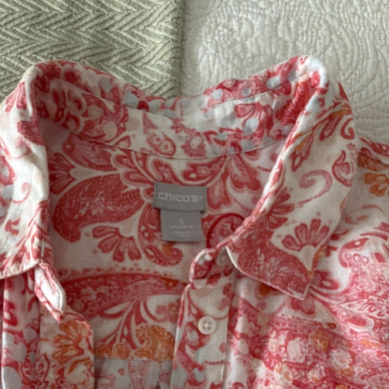 Chico's White Pink Orange Cotton Knit Collared Button-Front SS Paisley Blouse XL