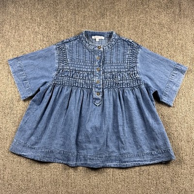 Solitaire Womens S Smocked Yoke Crop Popover Shirt Short Sleeve Chambray Boho