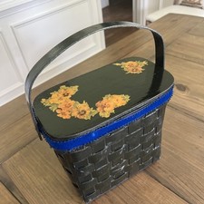 VTG Wood Woven Basket Purse Floral Picnic Decoupage Lining Velvet Trim black