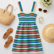 ZARA Womens Striped Knit Crochet Dress Large Summer Multi Color Strappy