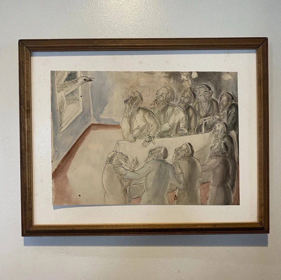 Sarah Berman Gouache “Jewish Folklore” WPA Era Elders at Table 9×12 Original - Image 2 of 4