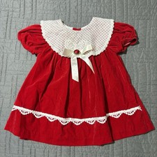 Vintage Red Velvet Baby Dress 18m Sheer Ruffle Lace Collar  Hem Puff Sleeves