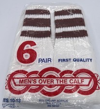 Vintage Mens Tube Socks 6 Pair Rust Red /White Stripe Over Calf 10-13 Orlon NOS