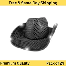24 BLACK SEQUIN Light Up LED Flashing Cowboy Hat with SEQUINs WHITE LEDS Cowgirl