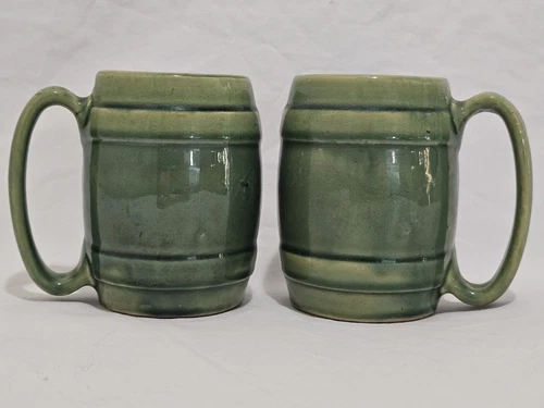 Set of 2 Antique 1920 Hull Pottery Green Barrel Mug Early Mark Made In USA 491 