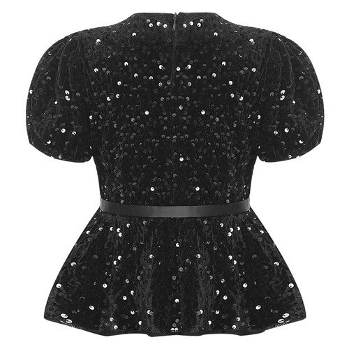Kids Girls Sparkly Peplum Tops Short Sleeve Sequin Dressy Blouses Velvet Shirts - Picture 36 of 93