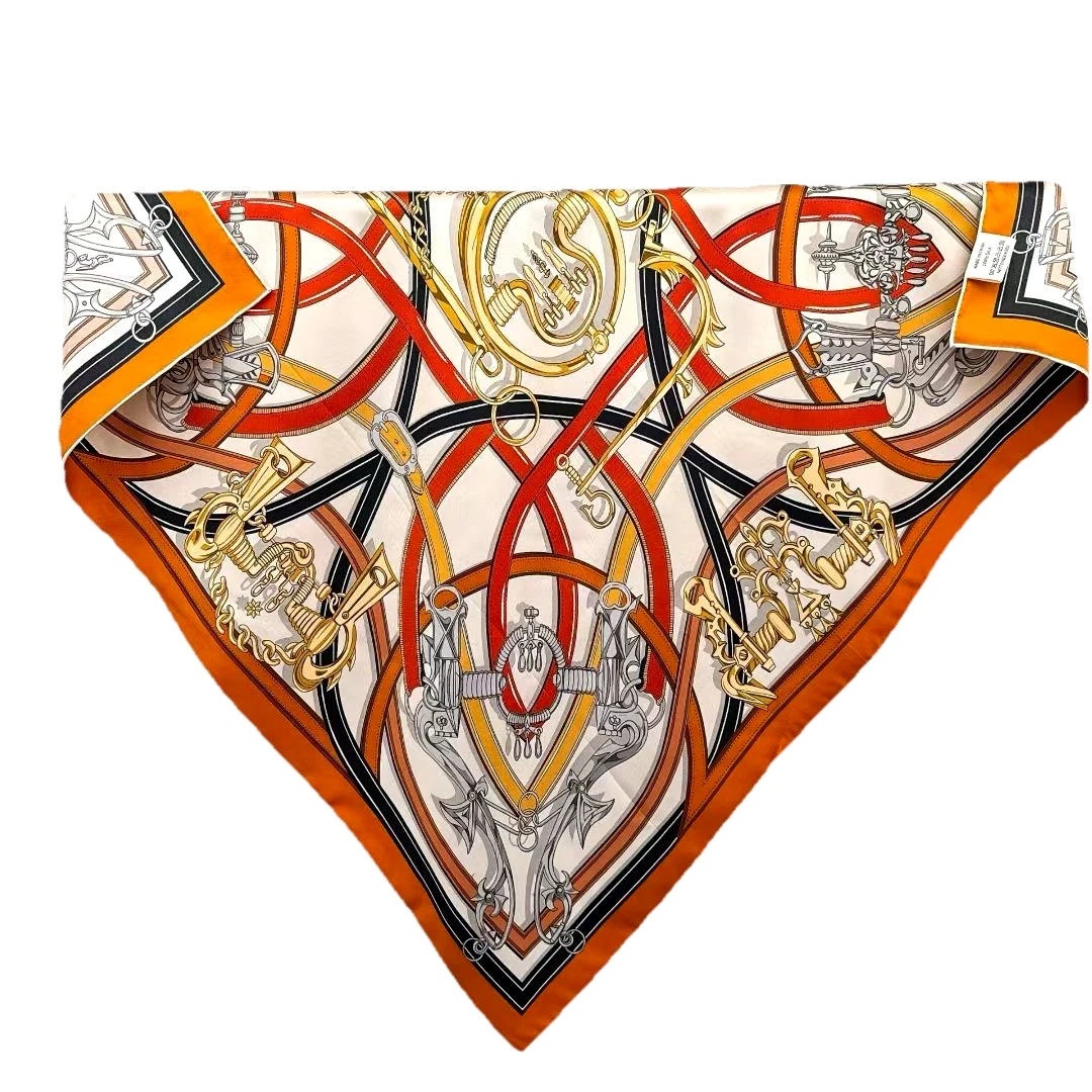 35"x35"Orange Belts Print Pure Mulberry Twill Silk 14momme Scarf 88x88cm6119