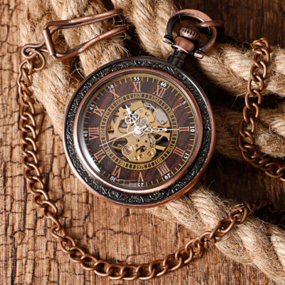 Men Red Copper Mechanical Luxury Black Pocket Watch Open