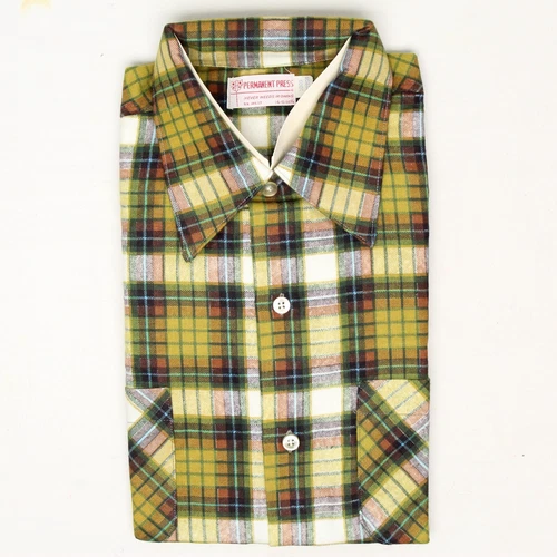 VTG Permanent Press Flannel Shirt Mens S 14 / 14.5 Gold Green Brown Plaid Cotton