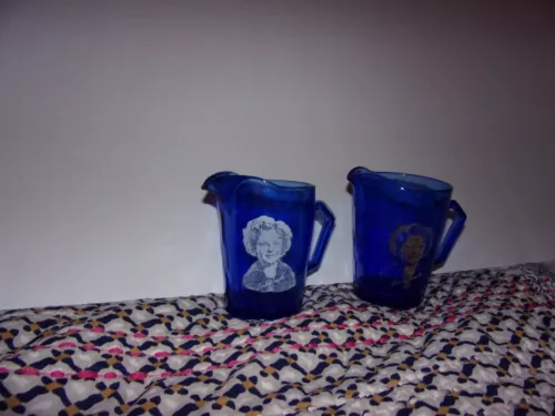 2 Vintage 1930's Shirley Temple Creamer Mugs Cobalt Blue Hazel Atlas 4.5