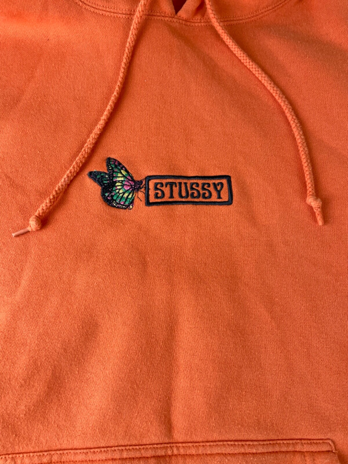 Stussy Men’s Large Orange Pullover Hoodie Sweatshirt w/ Embroidered Butterfly image 5