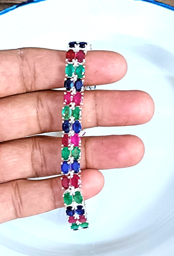 Bracelet Tennis Saphirs Bleus Ovale – Argent 925 – Fait Main – Art Déco – Neuf