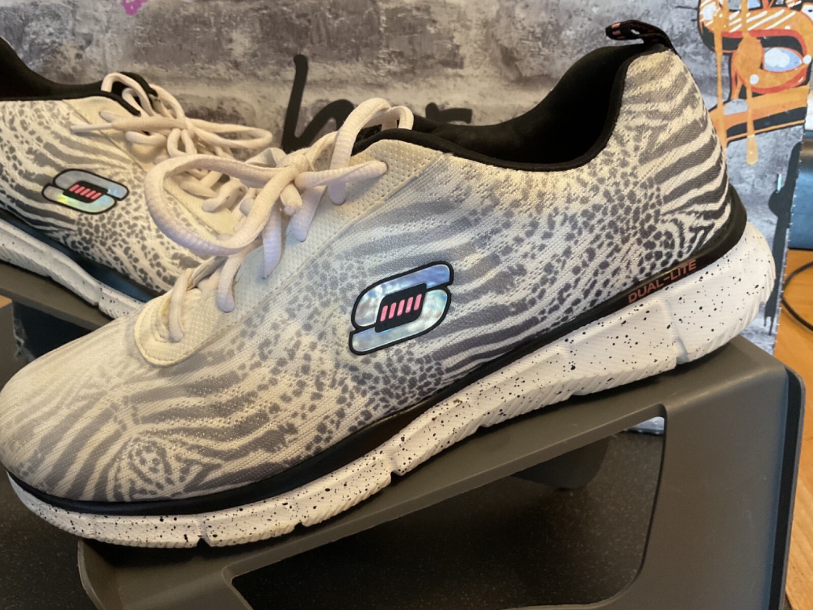 SKECHERS women’s Memory Foam dual- lite white/black zebra print trainers uk8🔥 image 3