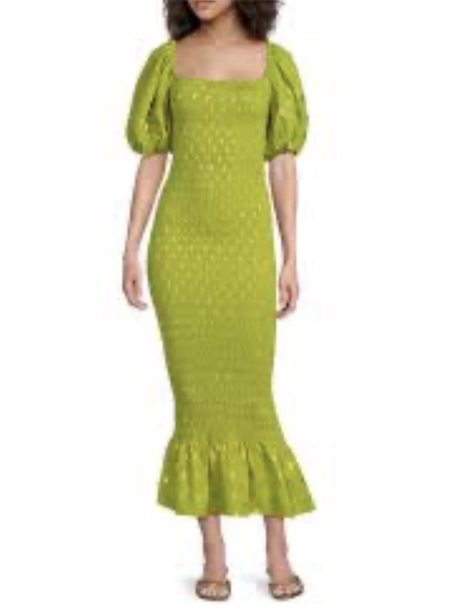 NWT Never Fully Dressed Sz XS Smocked Puff Sleeve Mermaid Midi Dress Green Gold | eBay NWT Never Fully Dressed Sz XS Smocked Puff Sleeve Mermaid Midi Dress Green Gold | eBay