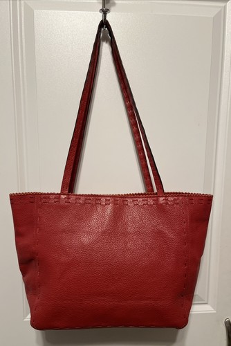 CHICO'S Red Pebbled Leather Medium Size Shoulder Bag Tote Shopper Top Stitching - Picture 6 of 14