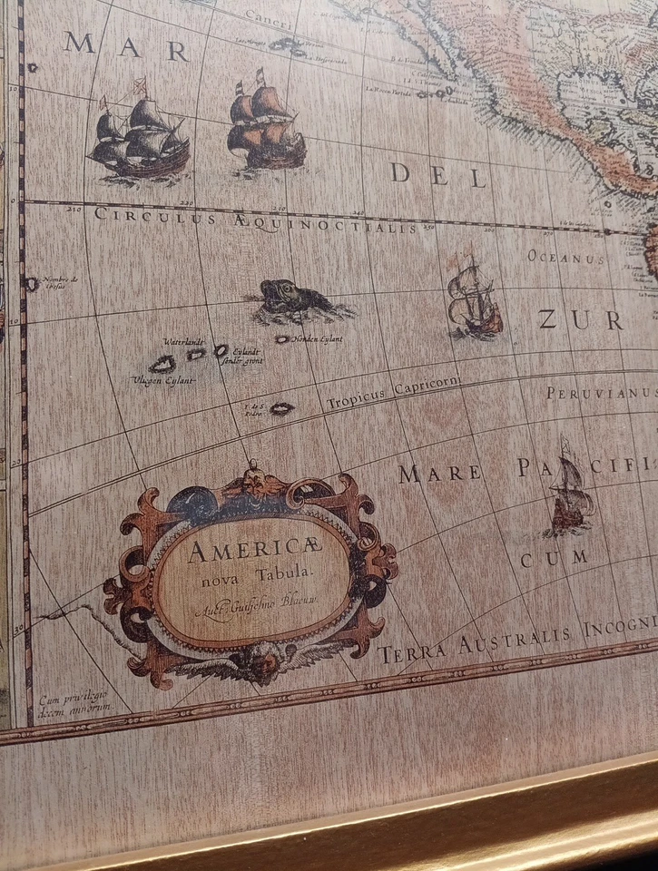 Vintage Map Golden Framed Guilielmo Blaeuw America Nova Tabula Map Reproduction  - Image 2 of 4