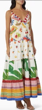 Farm Rio Multicolor Fruit Print Maxi Dress Pom-Pom Tiered V-Neck Sleeveless