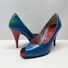 Vintage Charles Jourdan Made In France Colorblock Leather Peep Toe Pumps Sz 6 B