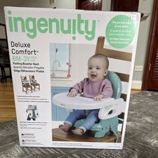 Ingenuity Deluxe Comfort Folding Booster Seat Teal White Portable Removable Tray