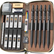 Metal Mechanical Pencil Set in Leather Case 5PCS Art Drafting Pencil 0.3 0.5 ...