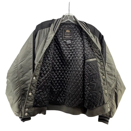 Alpha Industries Mens Medium Sage Green Black Bomber Varsity Jacket Quilted image 3