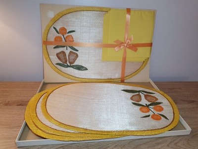Vintage Abaca gewebtes Tischset und Servietten Set 70er Jahre gelb Obst neu unbenutzt 