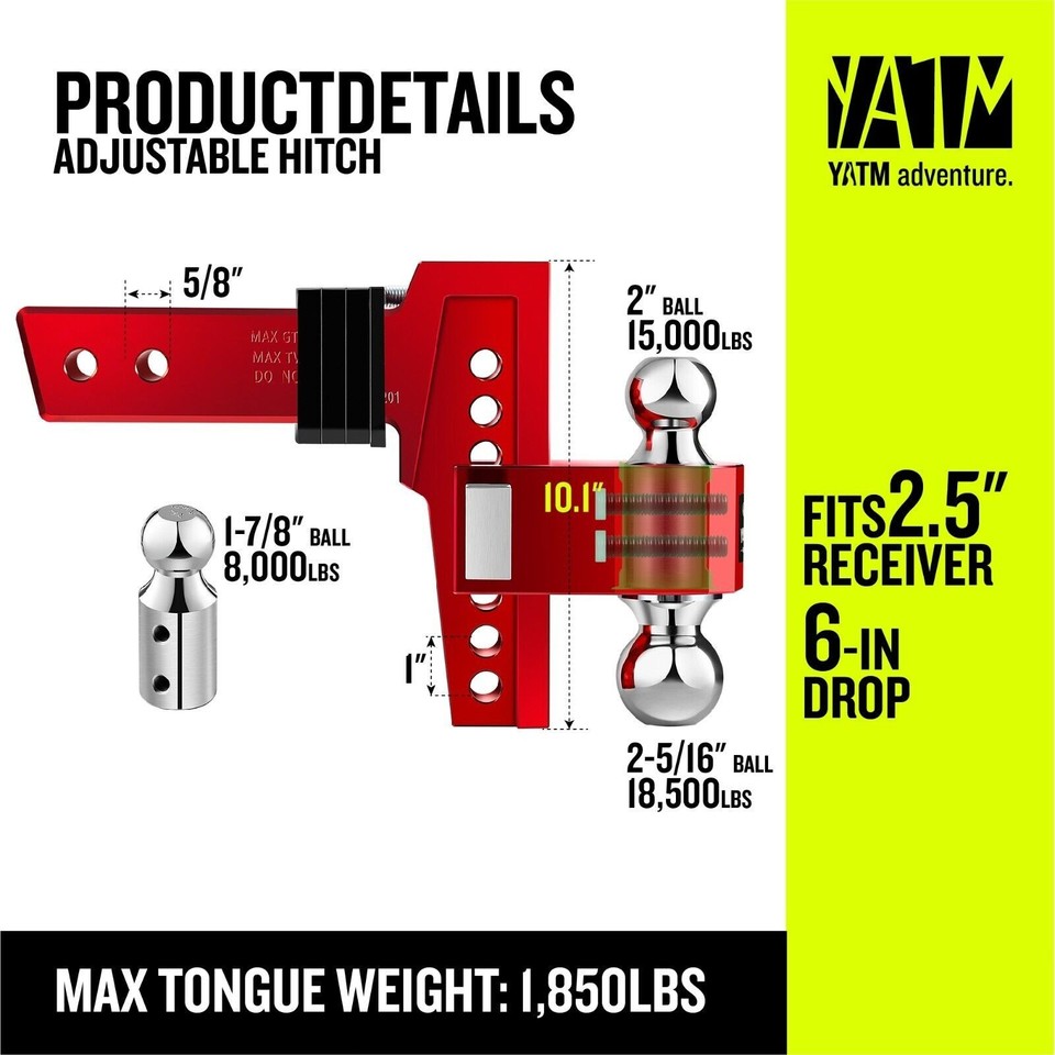 YATM Trailer Hitch Ball Mount Fits 2.5 Receiver 6 Adjustable