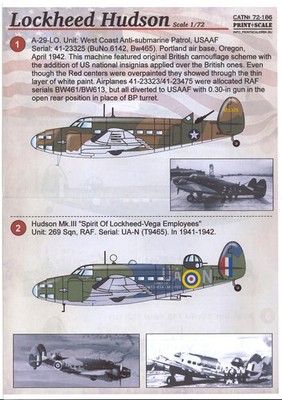 Print Scale Decals 1/72 LOCKHEED HUDSON American WWII Patrol Bomber