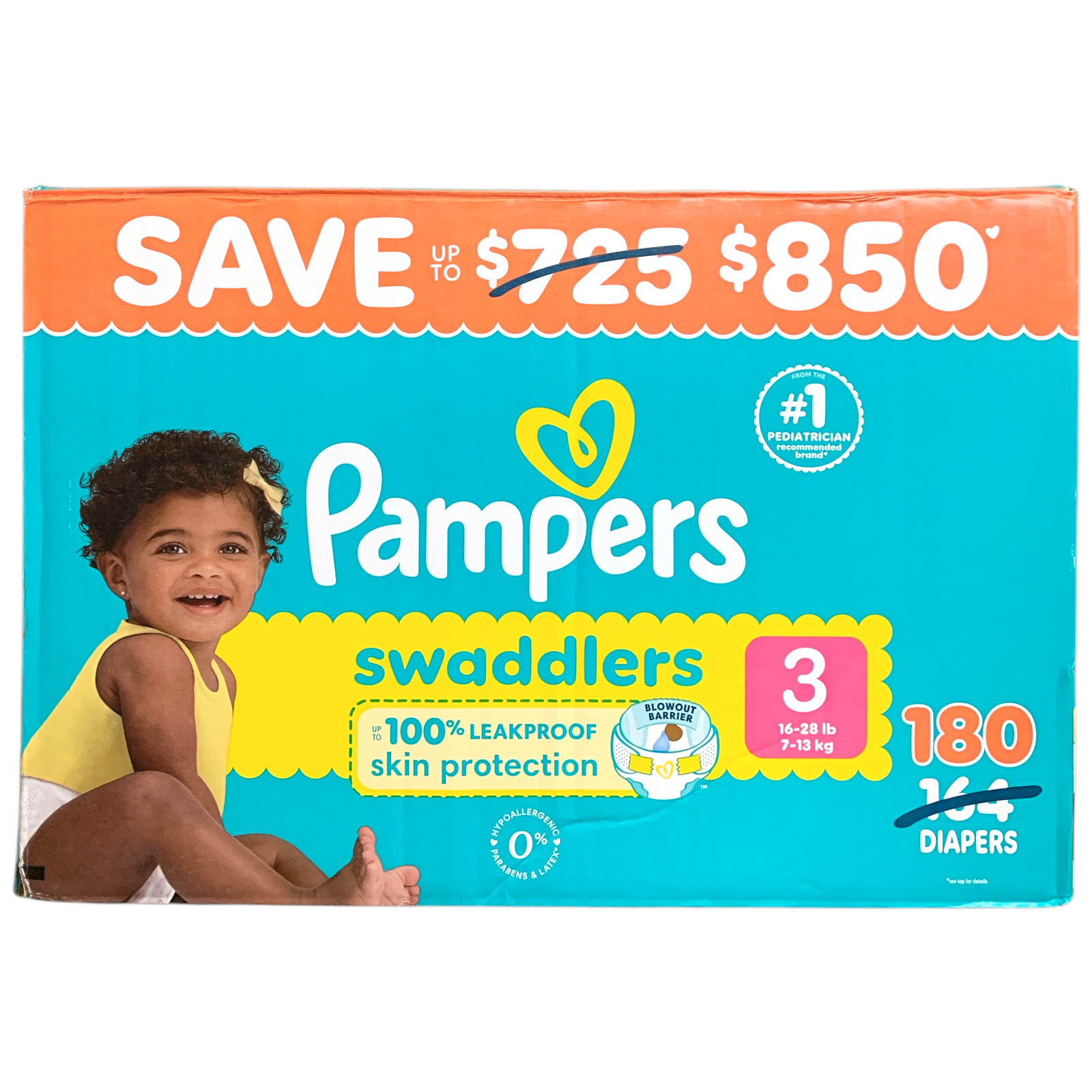 Pampers Swaddlers Unisex Leakproof Diapers, Size 3 (16-28lbs.), 180 Count