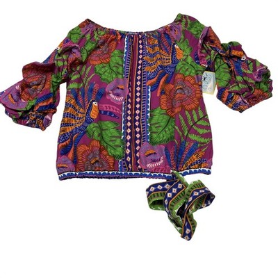 CeCe Top Bright Colorful Linen Blend Off Shoulder Blouse Size M Tropical Resort