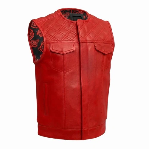 Men's Red Leather Motorcycle Vest Quilted Biker Club Concealed Carry