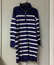 Steve Madden Sweater Dress Womens Large Knit Zip Neck Navy White Long Sleev NEW