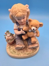 Homco “Denim Days” #1504 Girl with Teddy Bear Figurine 1985 Home Interiors