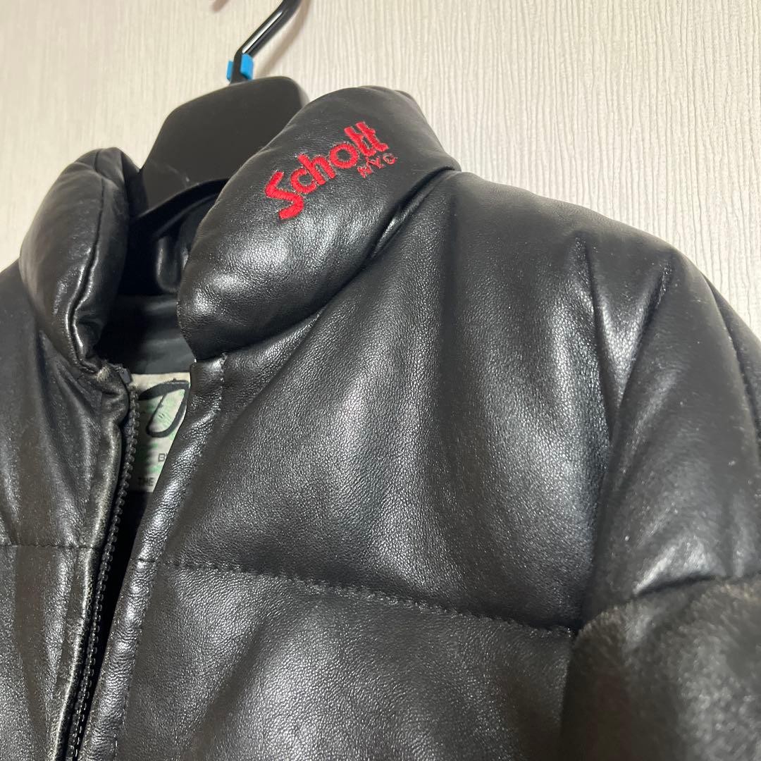 Schott Leather Down Jacket L Red Embroidered Coll… - image 11