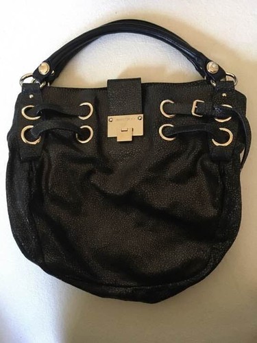 Jimmy Choo Metallic Leather Black Shoulder Bag Gold Hardware Spacious Authentic
